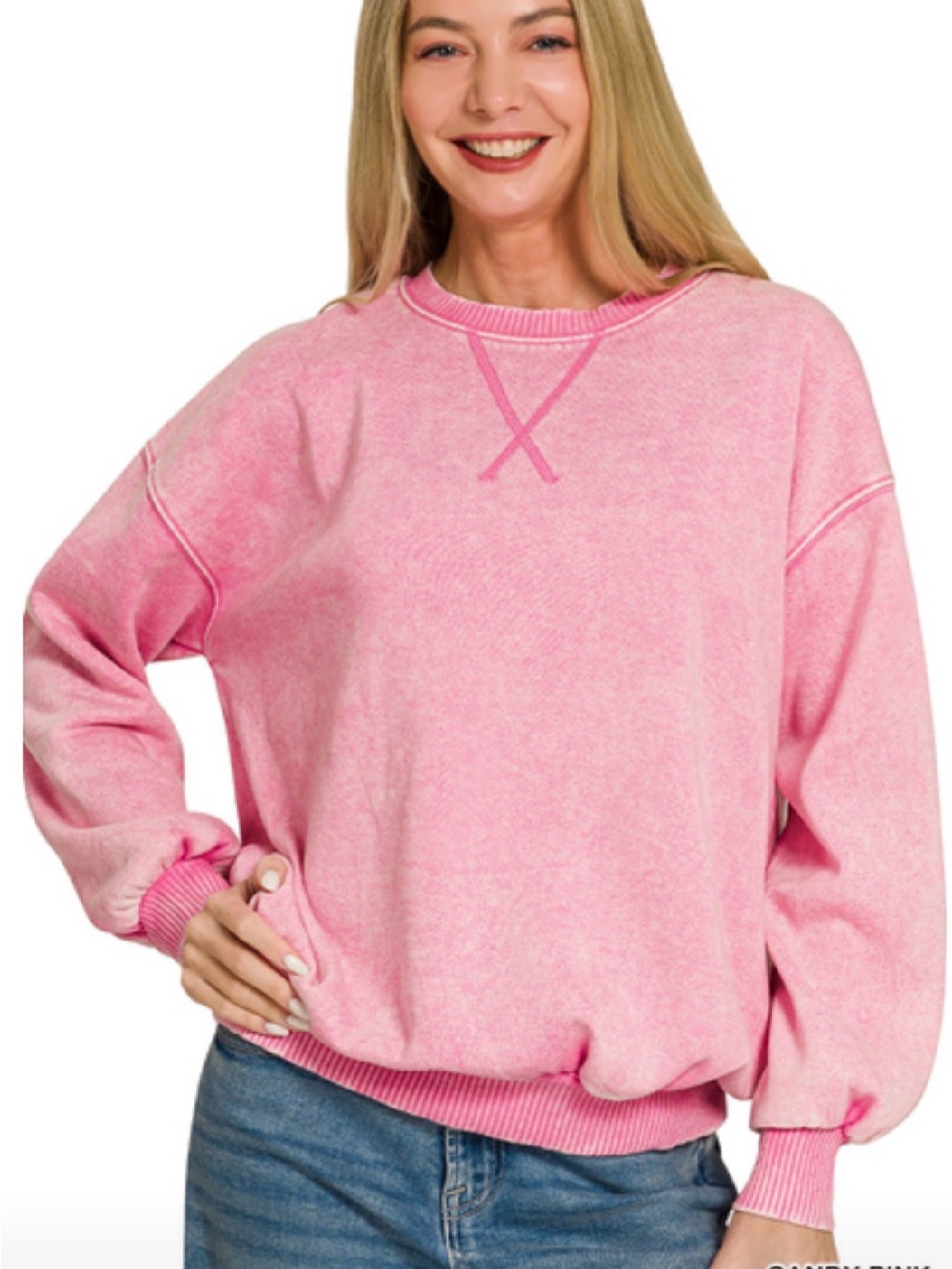 Zenana Outfitters Pink Crewneck Pullover Sweatshirt